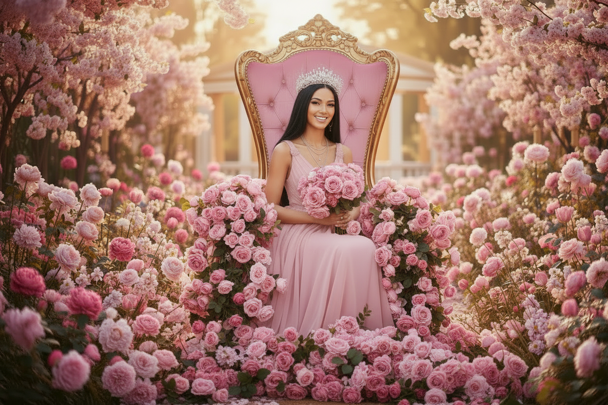 Bright Queen Pink Roses Covering Chair Both Sides Spring Outdoor