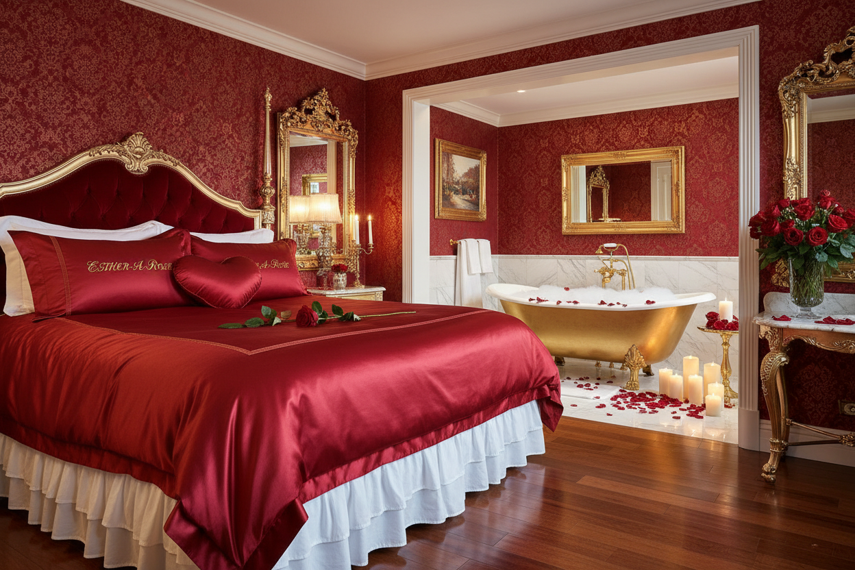 ESTHER-A-ROSE Holiday Red Signature Elegance Bedding & Gold Bathtub