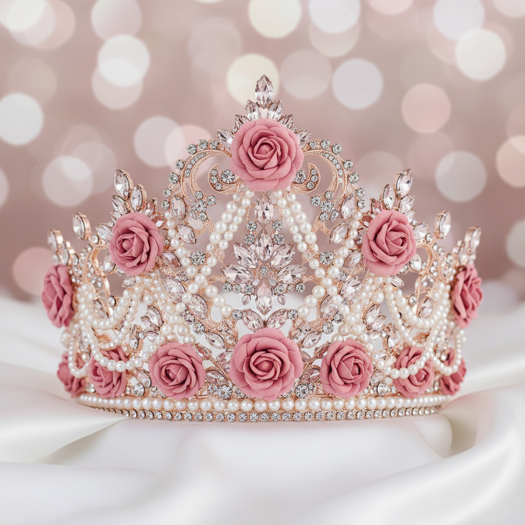 Luxury Rose Gold Crown with pink roses, pearls and crystals