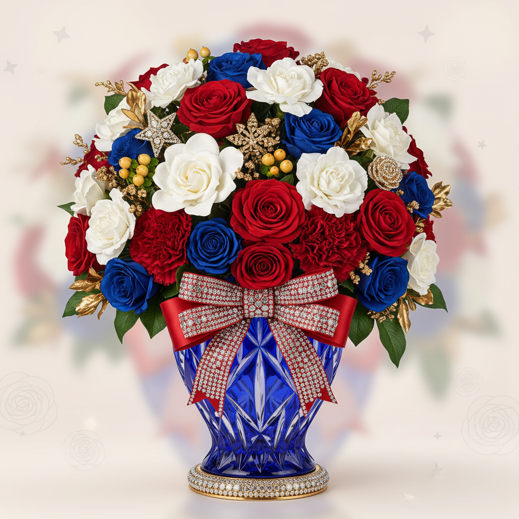 Luxury crystal blue vase with red white and blue roses carnations and gardenias with diamond rhinestones