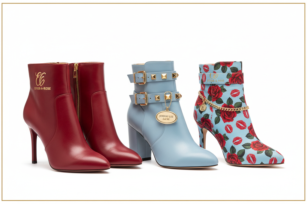 ESTHER-A-ROSE signature ankle boots with gold chunky block heel in solid red, solid baby blue and signature blend