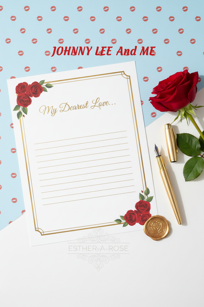 JOHNNY LEE And ME printable love letter template — elegant gold border with red roses and lined writing area