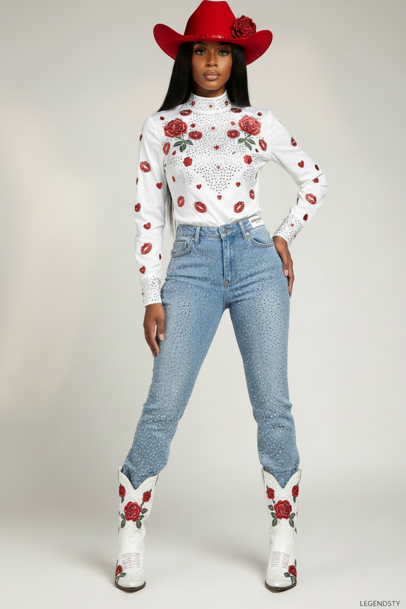 Beautiful model wearing baby blue rhinestone boot cut jeans white top and red white blue cowgirl hat with red rose