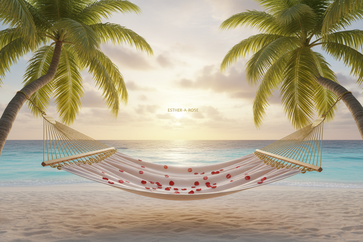 Cream blush gold rope luxury hammock with red roses and kisses on tropical beach
