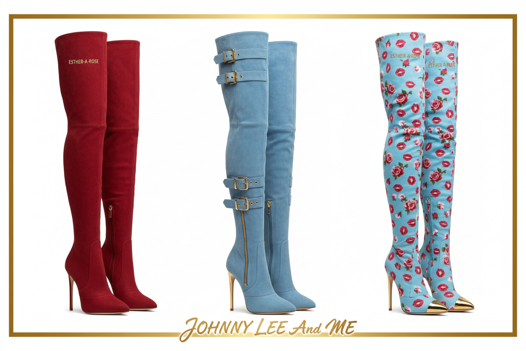 ESTHER-A-ROSE thigh high boots in red, baby blue and signature blend with red roses and kiss lips