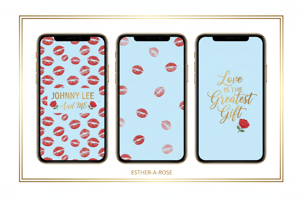 JOHNNY LEE And ME phone wallpapers pack — three sky blue wallpaper designs with red lips and roses