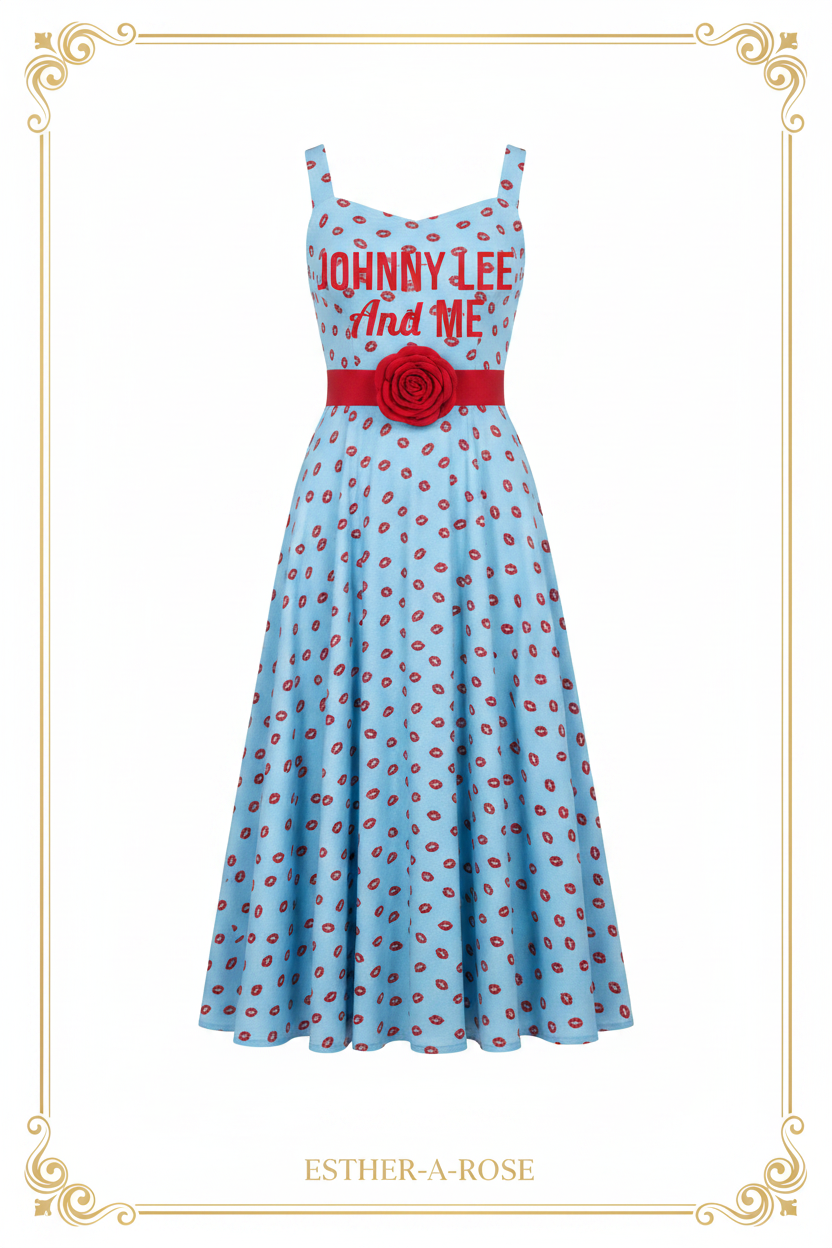 JOHNNY LEE And ME sky blue sundress Style A — wide red belt with red rose at waist