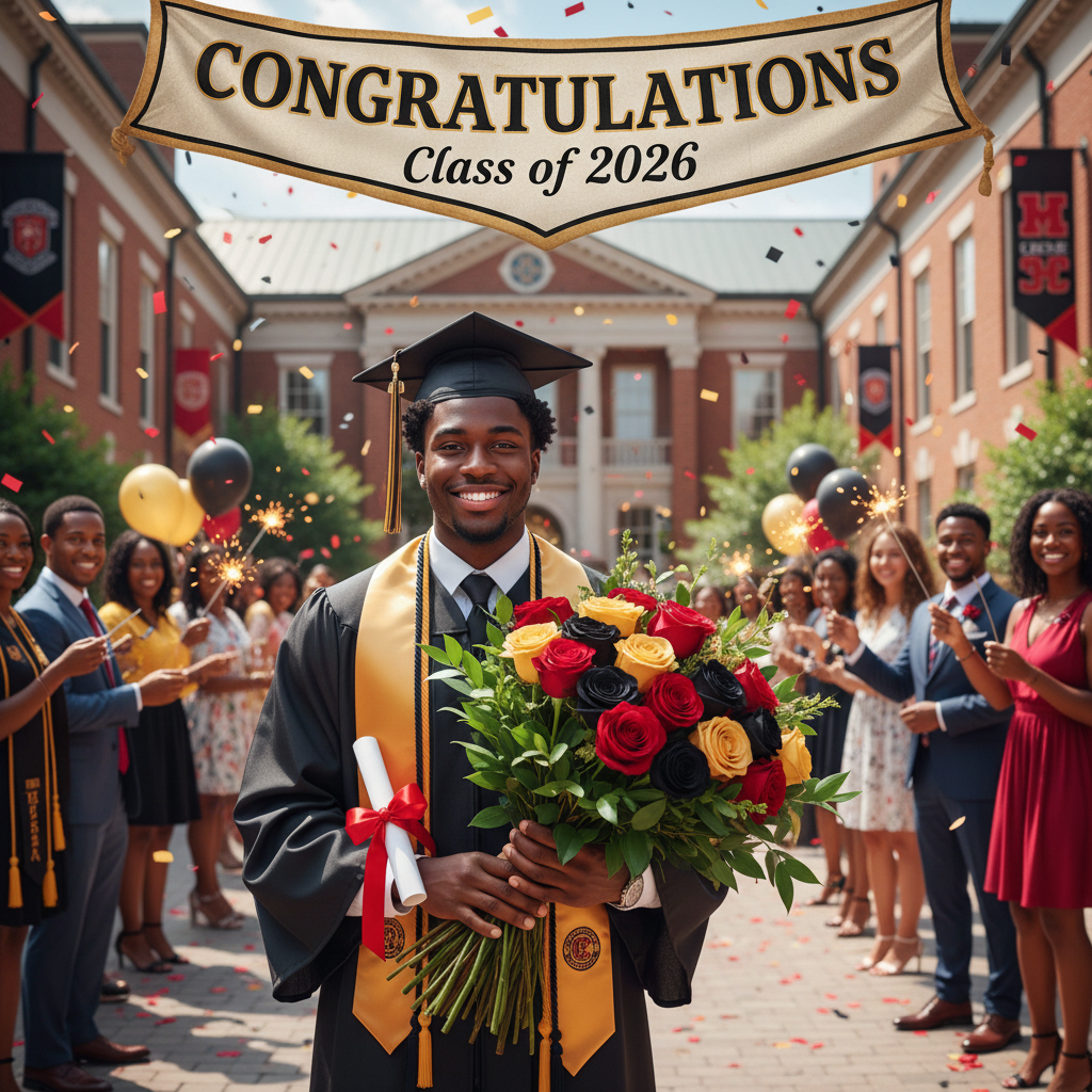 HBCU Celebration Bouquet - red black and gold roses Class of 2026