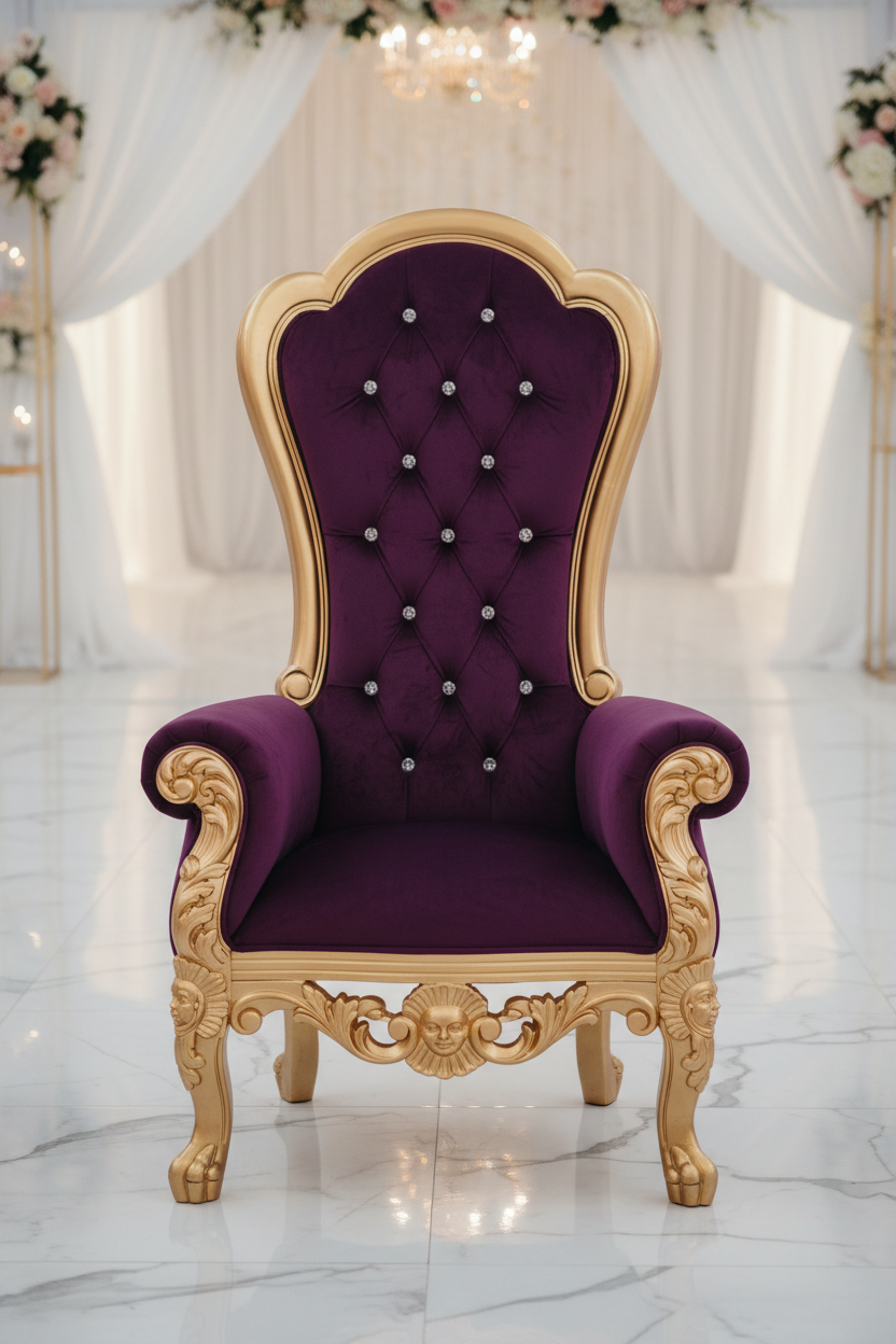 Luxury Royal Purple Velvet Throne Chair with Gold Frame