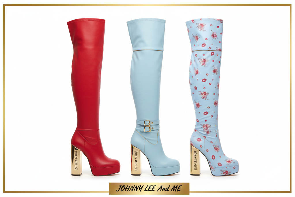 ESTHER-A-ROSE signature thigh high boots with gold chunky block heel in solid red, solid baby blue and signature blend