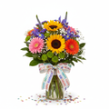 Budget Birthday Bouquet - colorful mixed flowers with birthday ribbon