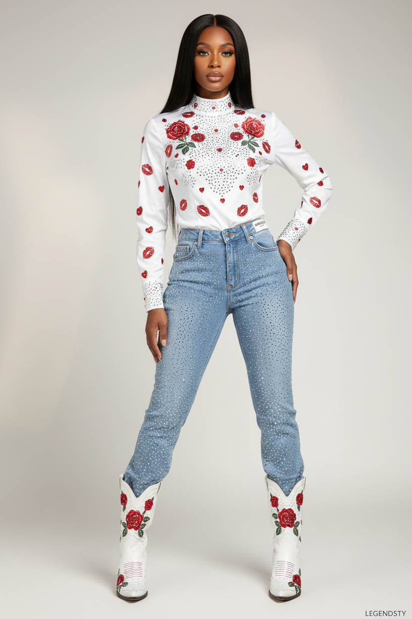 Beautiful model wearing baby blue rhinestone boot cut jeans with white rhinestone top and cowgirl boots